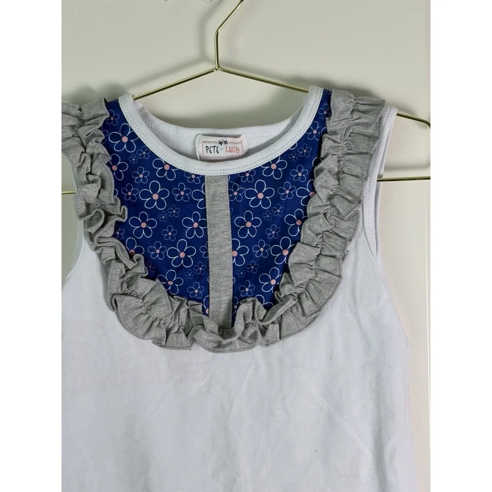 Pete + Lucy Summer Girls White & Blue Floral Sleeveless Top in Size 6/6X